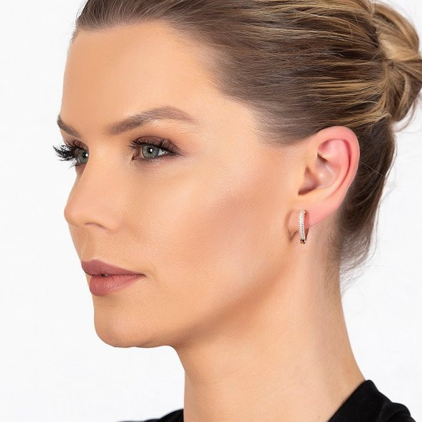 Nipora Starlight Diamond Zirkon Taşlı Kalp Tasarım Rose Renk 925 Ayar Gümüş Küpe - 4