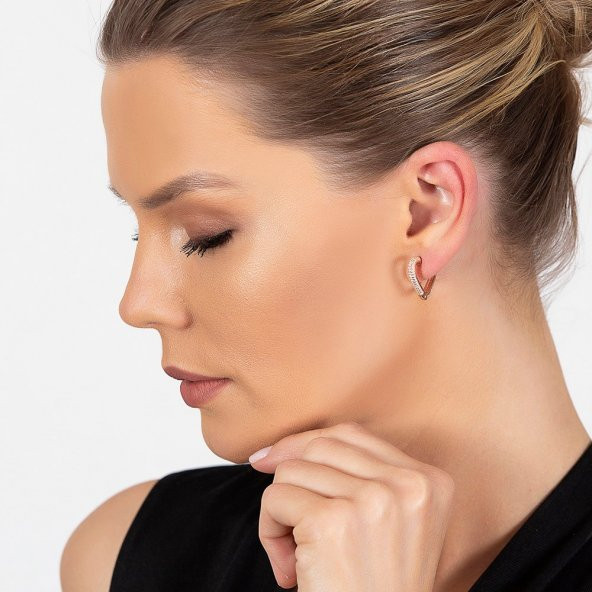 Nipora Starlight Diamond Zirkon Taşlı Kalp Tasarım Rose Renk 925 Ayar Gümüş Küpe - 5