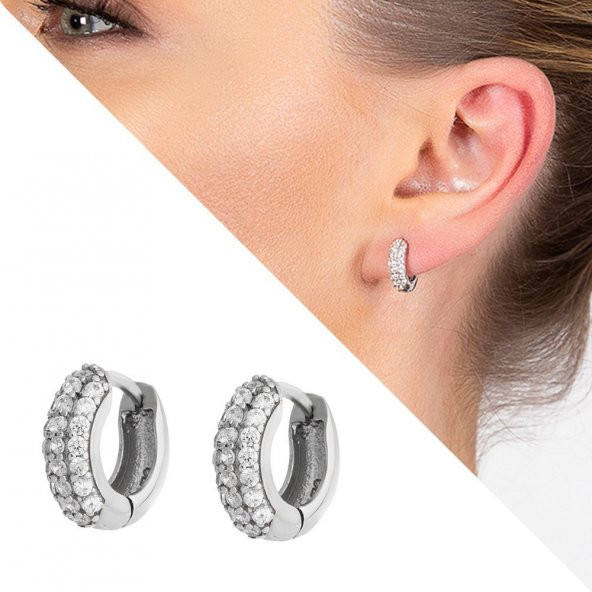 Nipora Starlight Diamond Zirkon Taşlı Halka Tasarım 925 Ayar Gümüş Küpe - 2