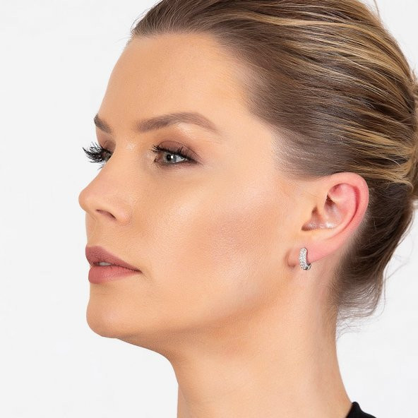 Nipora Starlight Diamond Zirkon Taşlı Halka Tasarım 925 Ayar Gümüş Küpe - 4