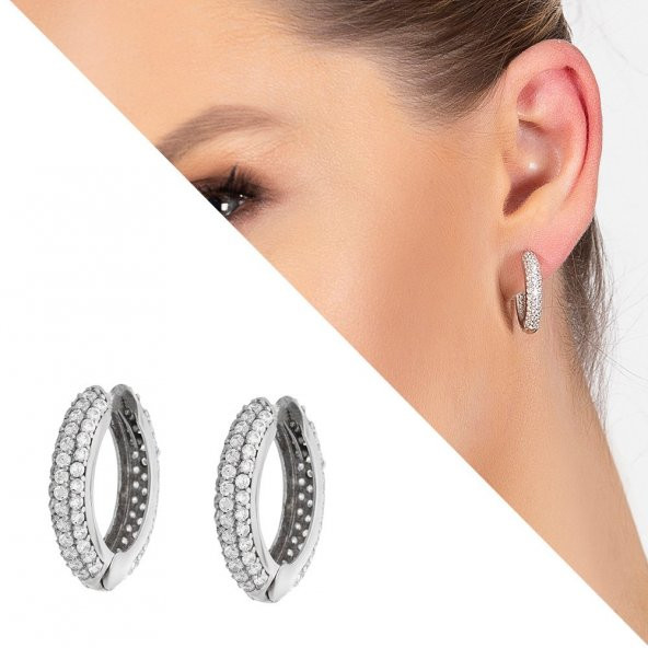 Nipora Starlight Diamond Zirkon Taşlı Maxi Halka Tasarım 925 Ayar Gümüş Küpe - 2