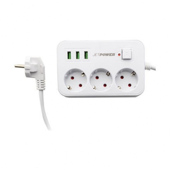 MF Product Jettpower 0370 Akım Korumalı 3 USB'li 3'lü Grup Priz 2 m Uzatma Kablosu Beyaz