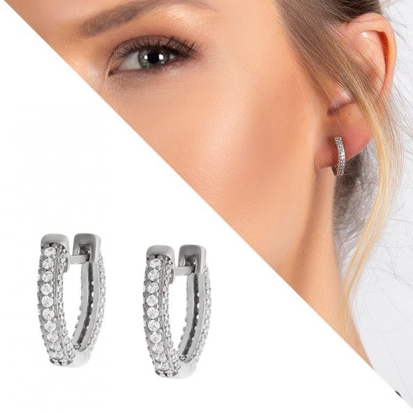 Nipora Starlight Diamond Zirkon Taşlı Mikro Halka Tasarım 925 Ayar Gümüş Küpe - 2
