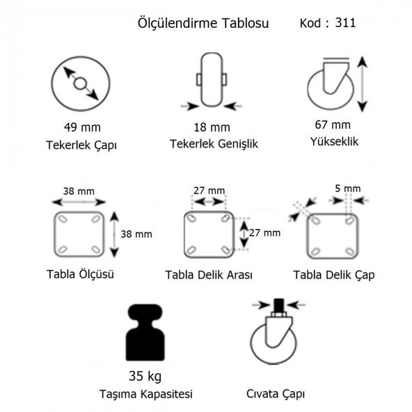 Hts Döner Tablalı Mobilya Tekeri Tekerlek Çap : 49 mm Kod : 311 - 2