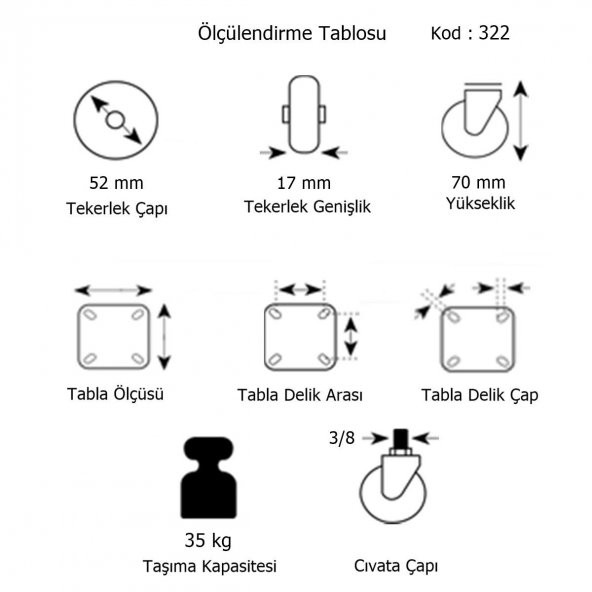 Hts Döner 3/8 Vidalı Mobilya Tekeri Çap : 52 mm Kod : 322 - 2