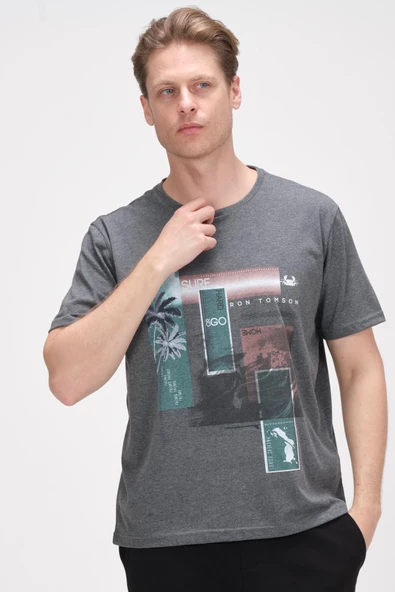 Erkek Oversize Baskılı Bisiklet Yaka Pamuklu Kısa Kollu Basic T-Shirt - 2