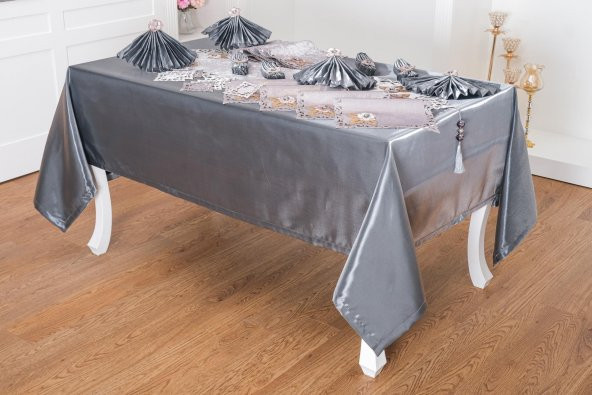 Finezza Afife Kadife Gümüş Füme Sofra Takımı 8 kişilik 160x230 cm 34 Prç. - 955