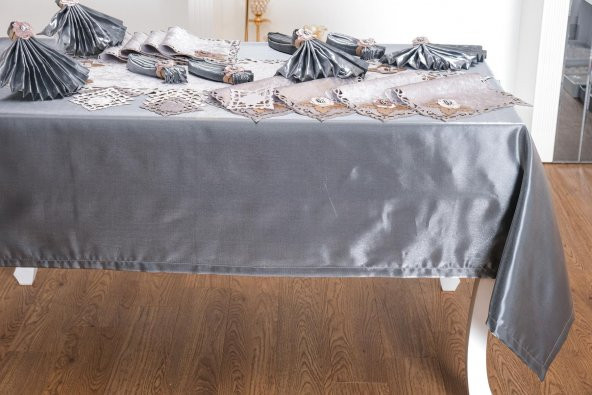 Finezza Afife Kadife Gümüş Füme Sofra Takımı 8 kişilik 160x230 cm 34 Prç. - 955 - 2