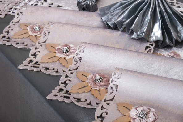 Finezza Afife Kadife Gümüş Füme Sofra Takımı 8 kişilik 160x230 cm 34 Prç. - 955 - 3
