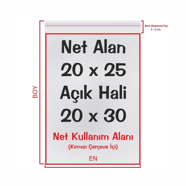 20x25+5 cm. (20x30) 25 Adet Şeffaf Bantlı Yapışkanlı Jelatin Poşet