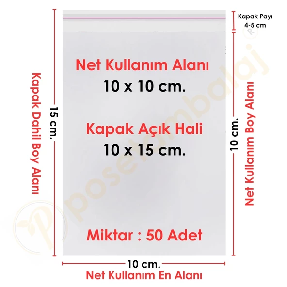 10x10+5 cm. (10x15) 50 Adet - Şeffaf Bantlı Yapışkanlı Jelatin Poşet