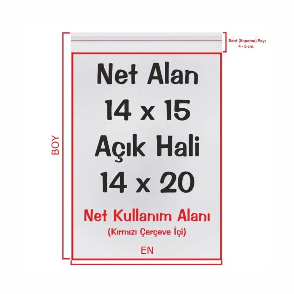 14x15+5 cm. (14x20) 50 Adet - Şeffaf Bantlı OPP Jelatin Naylon - Yapışkanlı Poşet