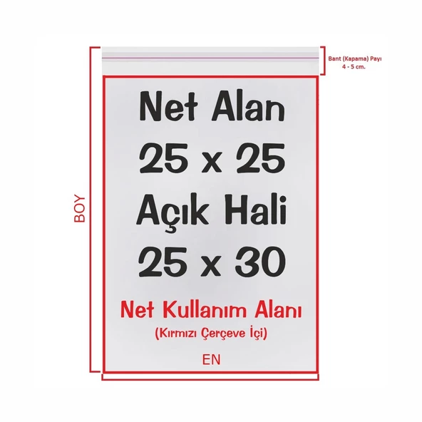 25x25+5 cm. (25x30) 1.000 Adet Şeffaf Bantlı Yapışkanlı Jelatin Poşet