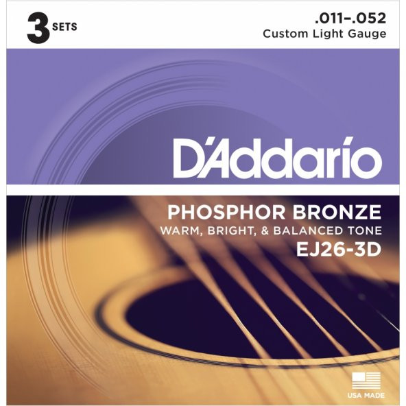 DADDARIO EJ26-3D AKUSTİK GİTAR TEL SETİ, 3'LÜ PAKET, PHOSPHOR-BRONZ - 1