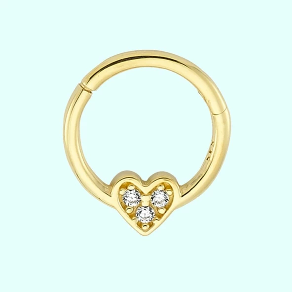 Altın Halka Piercing Üç Taş Kalp 14 Ayar ürün görseli 1