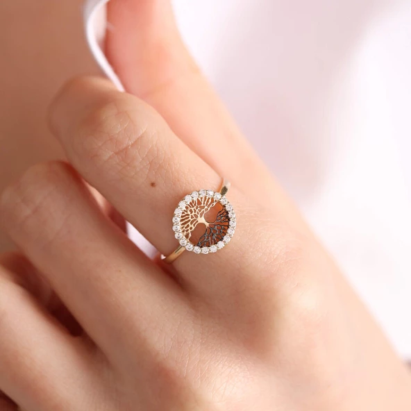 Altın Hayat Ağacı Yüzük 14 Ayar Çift Renk - Resim 2