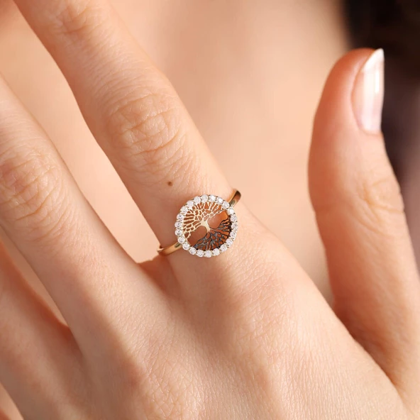 Altın Hayat Ağacı Yüzük 14 Ayar Çift Renk - Resim 3