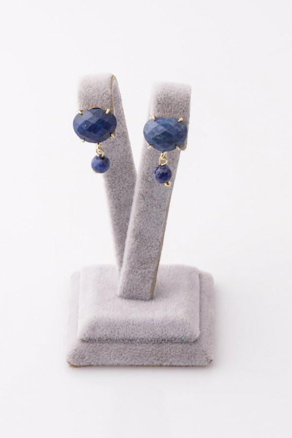 Lapis Lazuli Doğal Taş Gold Renkli Küpe - 2