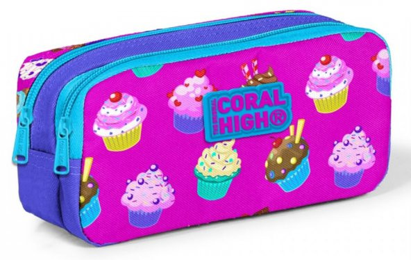 Coral High Pembe Cupcake Baskılı İki Bölmeli Kalem Çantası -Kız Çocuk