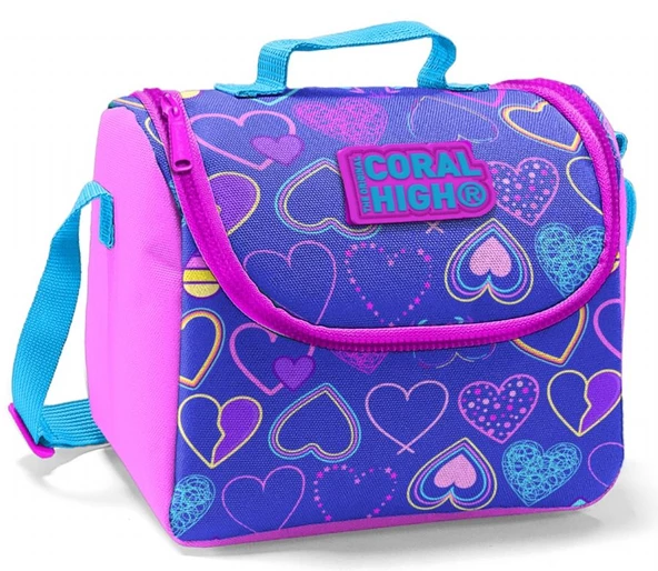 Coral High Pembe-Mor Kalp Desenli Termoslu Beslenme Çantası - Kız Çocuk ürün görseli
