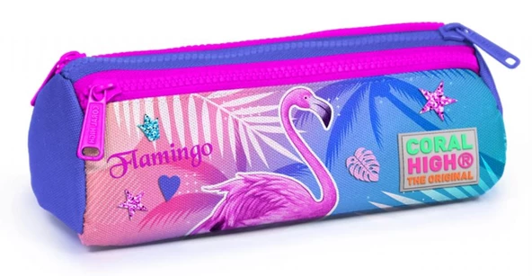 Coral High Mor Flamingo Baskılı Üç Bölmeli Kalem Çantası -Kız Çocuk