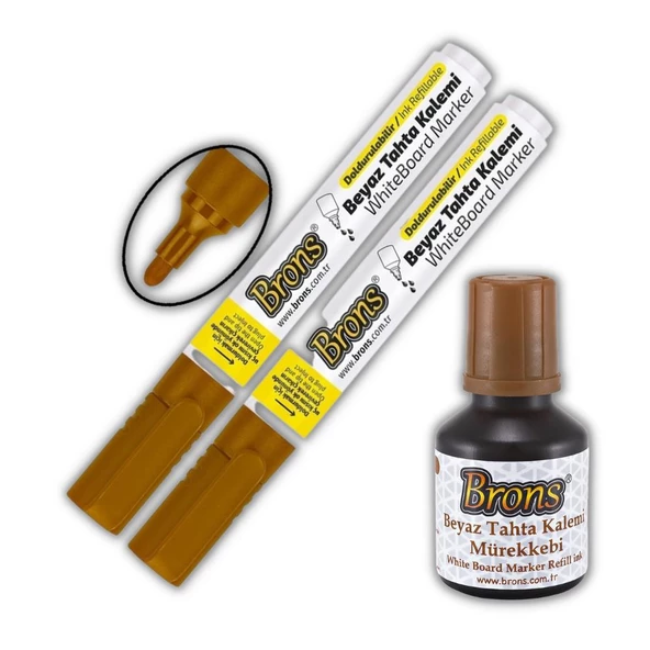 Kahverengi Yazı Tahta Kalemi Doldurulabilir 2 Adet ve Silinebilir Mürekkep 30 ml 1 Adet Brons Yazı Tahta Kalem Seti