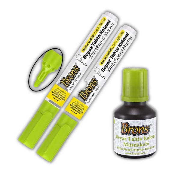 Açık Yeşil Yazı Tahta Kalemi Doldurulabilir 2 Adet ve Silinebilir Mürekkep 30 ml 1 Adet Brons Yazı Tahta Kalem Seti