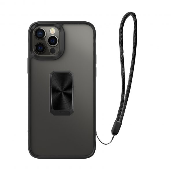 KNY Apple İphone 12 Pro Max Kılıf Yüzüklü İpli Manyetik Şeffaf V-Bax Kapak Siyah