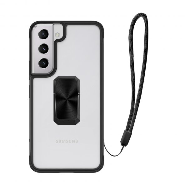 KNY Samsung Galaxy S22 Plus Kılıf Yüzüklü İpli Manyetik Şeffaf V-Bax Kapak Siyah