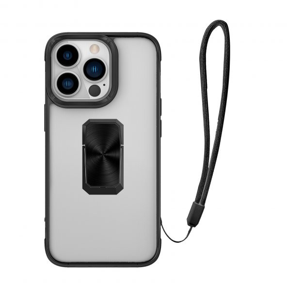 KNY Apple İphone 13 Pro Max Kılıf Yüzüklü İpli Manyetik Şeffaf V-Bax Kapak Siyah