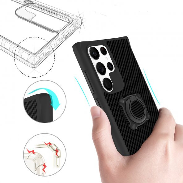 KNY Samsung Galaxy S22 Kılıf Ultra Korumalı Karbon Desenli Yüzüklü Timo Kapak Siyah - 4