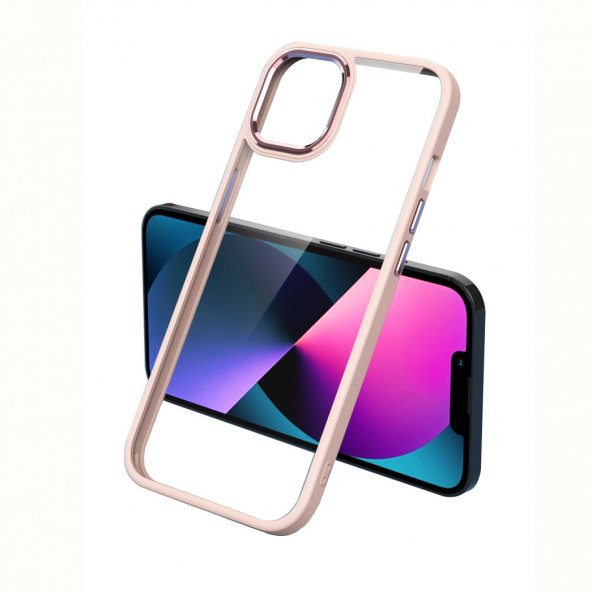 KNY Apple İphone 12 Kılıf Renkli Silikon Kenarlı Şeffaf Krom Kapak Rose Gold