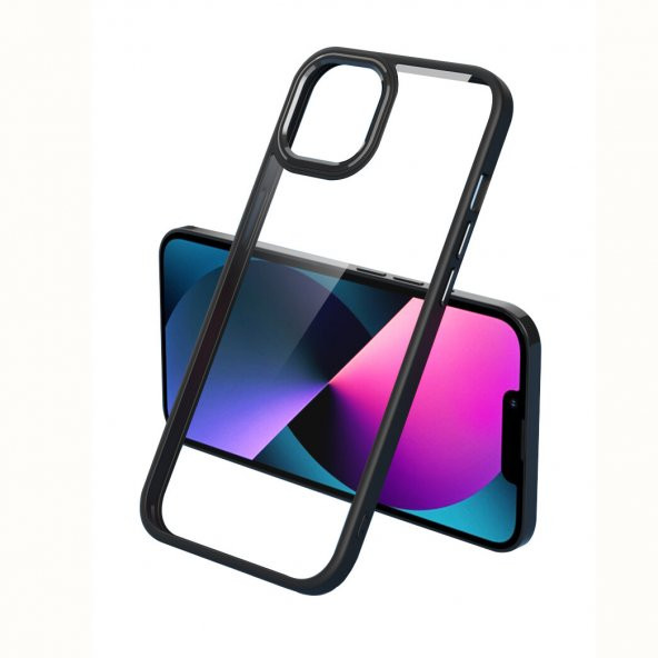 KNY Apple İphone 13 Kılıf Renkli Silikon Kenarlı Şeffaf Krom Kapak Siyah
