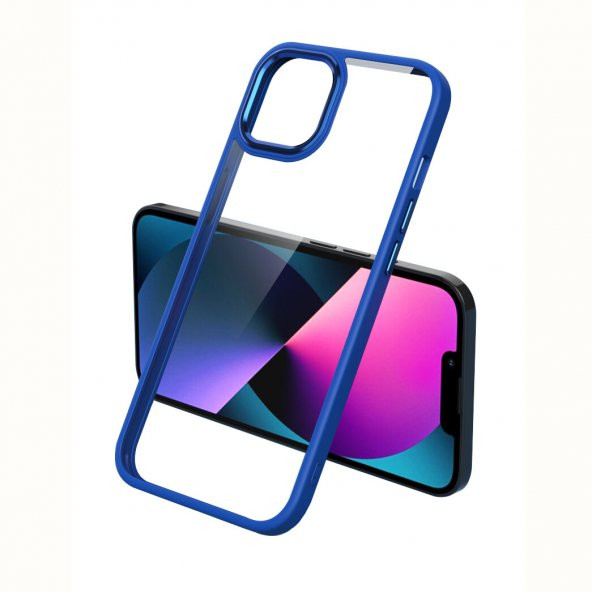 KNY Apple İphone 13 Pro Max Kılıf Renkli Silikon Kenarlı Şeffaf Krom Kapak Mavi