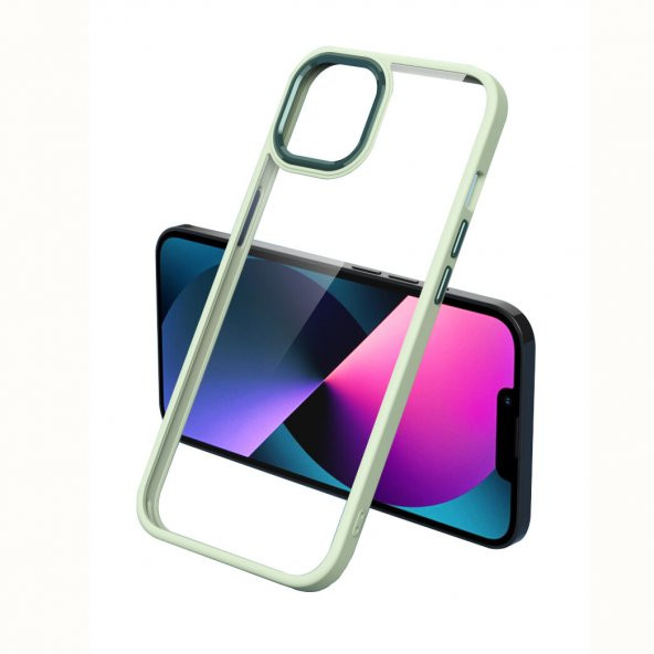 KNY Apple İphone 13 Pro Max Kılıf Renkli Silikon Kenarlı Şeffaf Krom Kapak Turkuaz