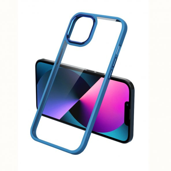 KNY Apple İphone 13 Pro Max Kılıf Renkli Silikon Kenarlı Şeffaf Krom Kapak Lacivert