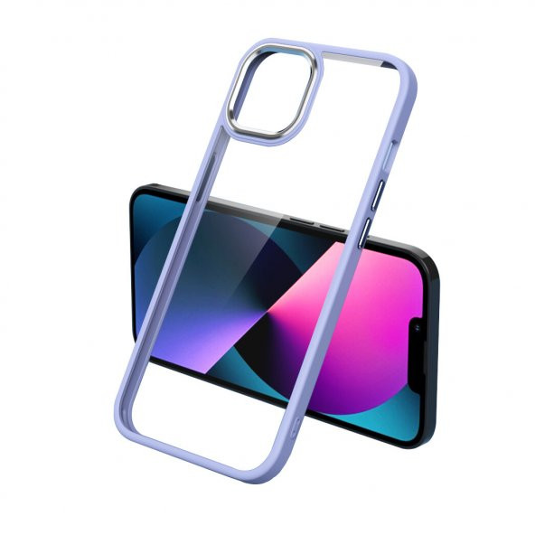 KNY Apple İphone 13 Pro Max Kılıf Renkli Silikon Kenarlı Şeffaf Krom Kapak Mor