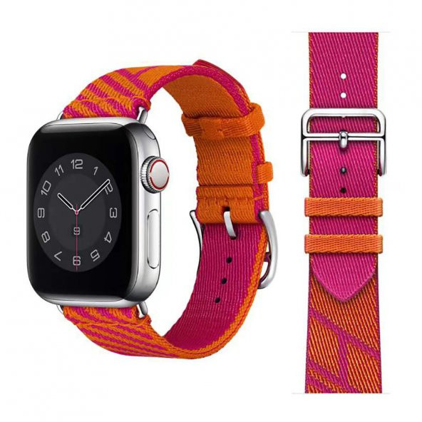 KNY Apple Watch 7 45 MM İçin Renkli Kumaş Desenli KRD-51 Kayış-Kordon Pembe