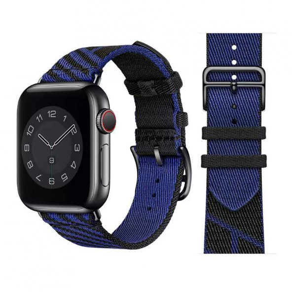 KNY Apple Watch 7 45 MM İçin Renkli Kumaş Desenli KRD-51 Kayış-Kordon Lacivert