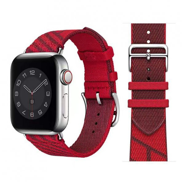 KNY Apple Watch 7 45 MM İçin Renkli Kumaş Desenli KRD-51 Kayış-Kordon Kırmızı