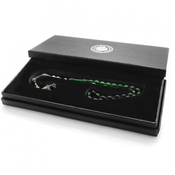 Nipora Ayyıldız Kararmaz Metal Püsküllü Arpa Kesim Süzme Yeşil-Siyah Ateş Kehribar Tesbih - Resim 3