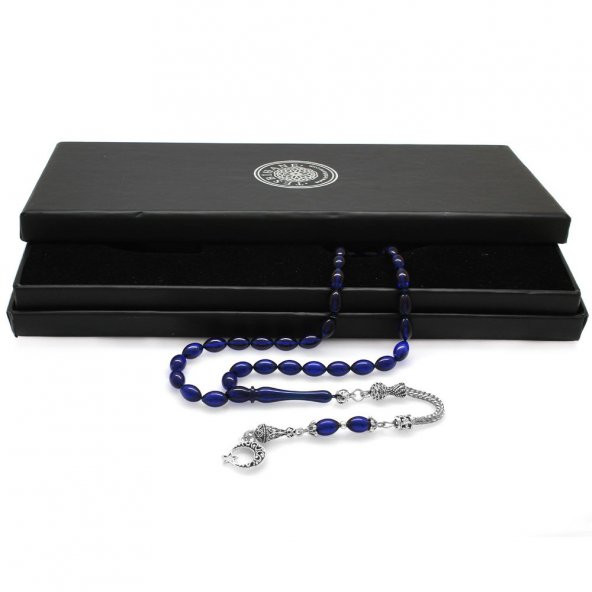 Nipora Ayyıldız Kararmaz Metal Püsküllü Arpa Kesim Lacivert Sıkma Kehribar Tesbih - Resim 2