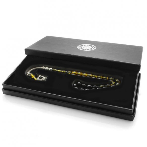 Nipora Ayyıldız Kararmaz Metal Püsküllü Arpa Kesim Süzme Sarı-Siyah Ateş Kehribar Tesbih - Resim 3