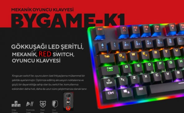 Rampage BYGAME-K1 RGB Led Frame Rainbow Mekanik Red Switch Gaming Oyuncu Klavyesi - Resim 5