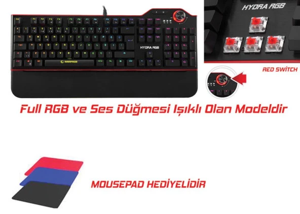 Rampage Hydra R6 Full Color RGB LED Gaming Pro RED Switch Aluminy