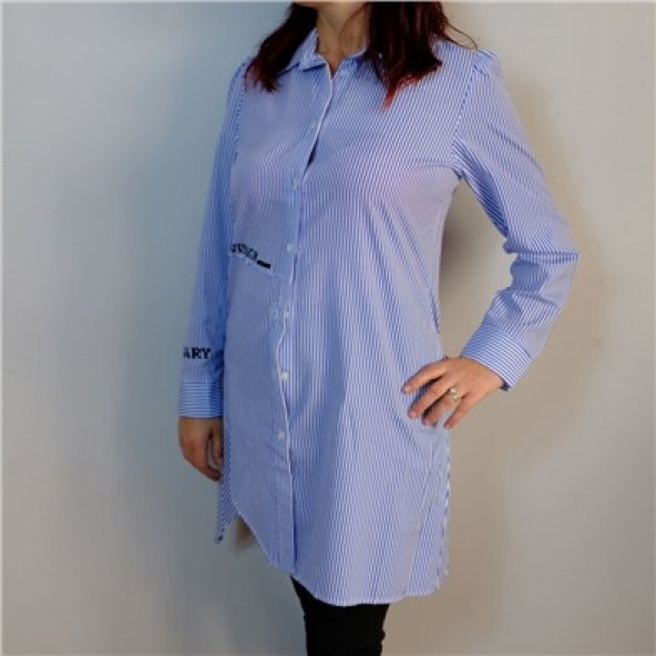 Çizgili Gömlek Yaka Saks Mavisi Tunik