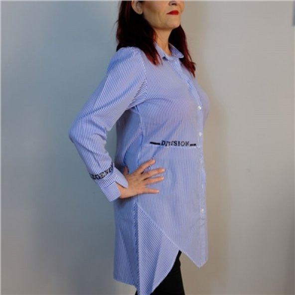 Çizgili Gömlek Yaka Saks Mavisi Tunik - 2