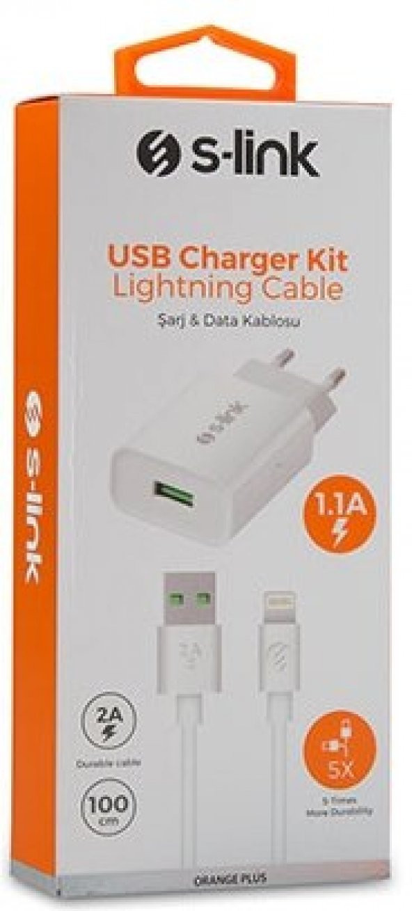 S-link SL-EC10L 1100MA  +2A Lightning USB Beyaz Şarj Adaptör Set