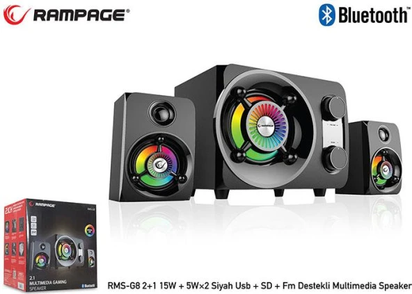 Rampage RMS-G8 2+1 25W Bluetooth+USB-SD-FM Rainbow Siyah Led Işıklı Gaming Speaker - 2