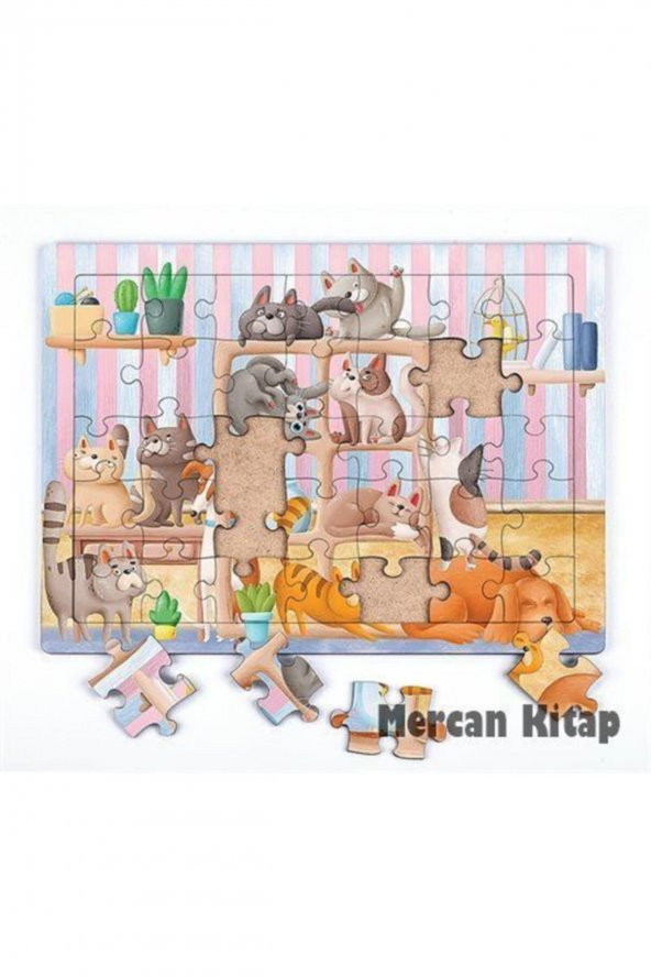 King Of Puzzle Kitaplıktaki Kediler Ahşap Puzzle 35 Parça (xxxv-13)